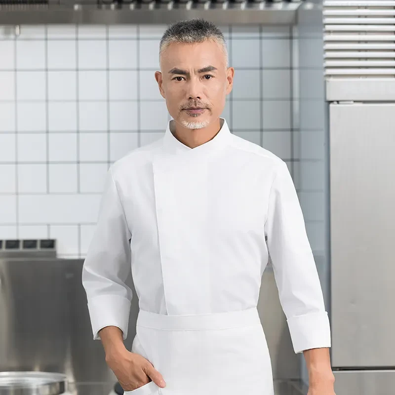 Asymmetric Hidden-Placket Long-Sleeve Chef Jacket